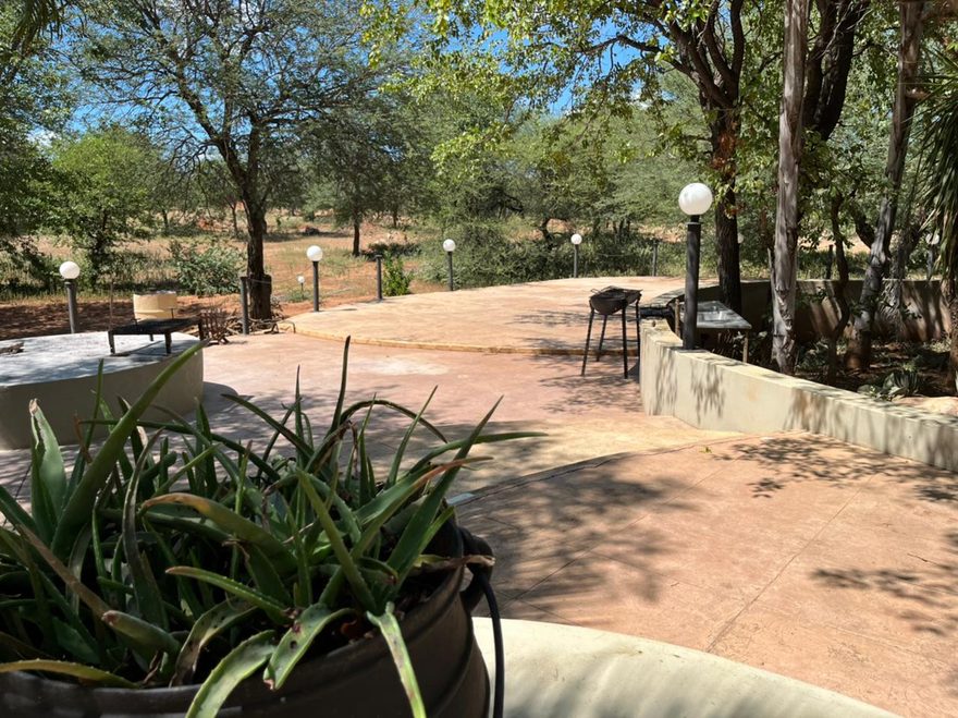 Paved terrace with braai and aloes, bushveld beyond