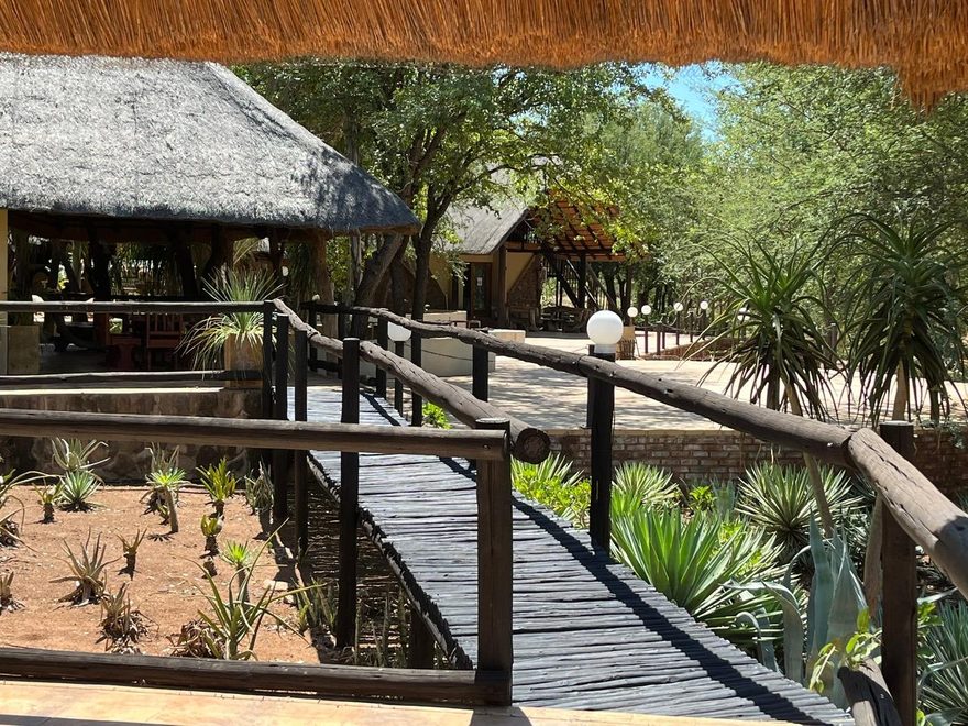 Raised timber walkway to the thatched lapa