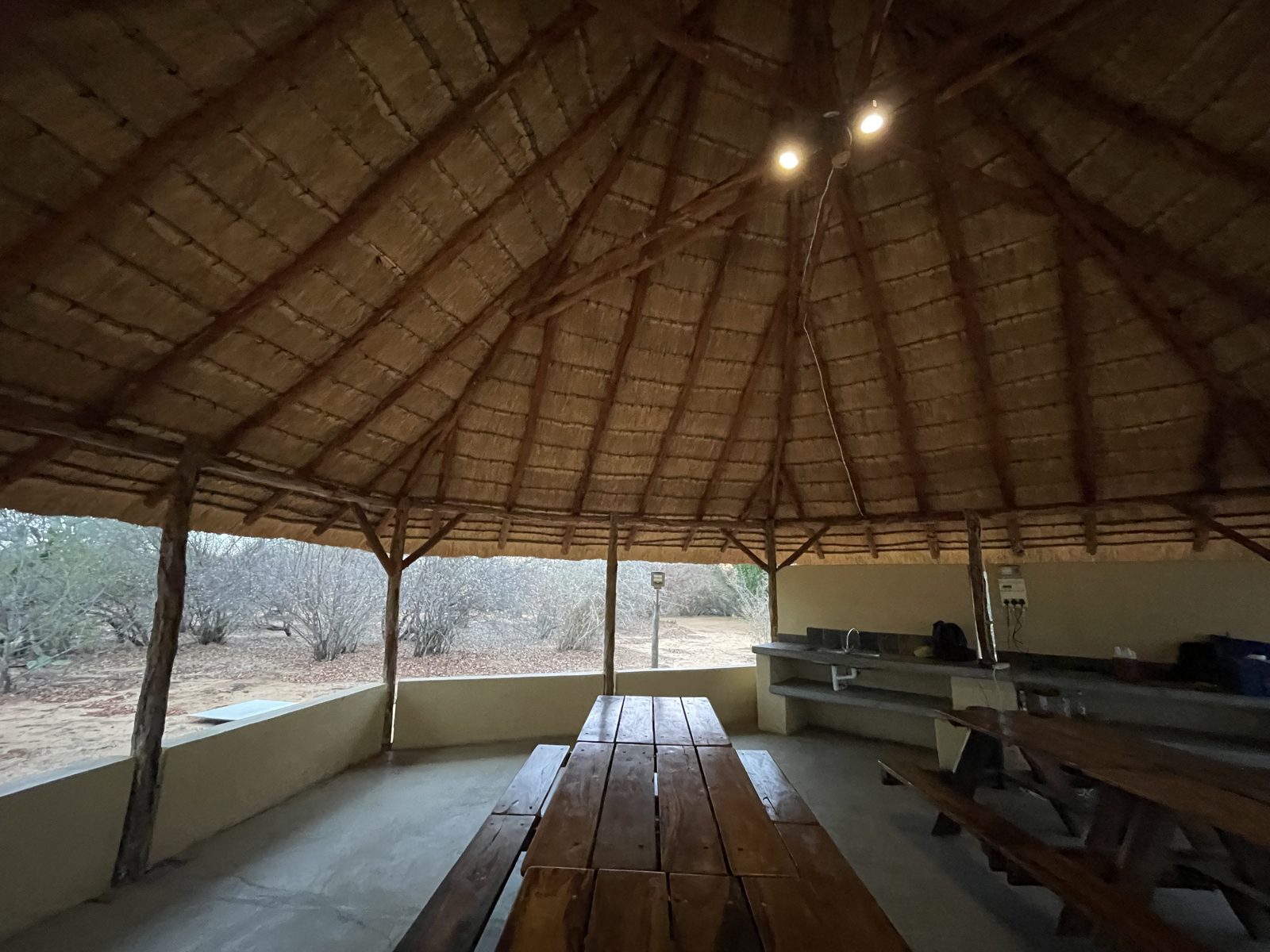 Low sun through the poles of the open thatched boma at the hunting camp